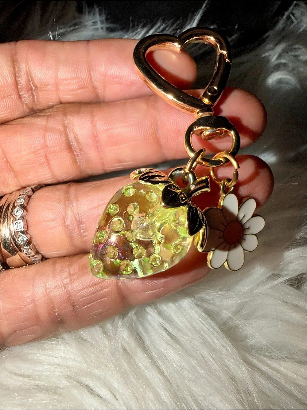 Strawberry Daisy Bag Charm Keychain Green & White